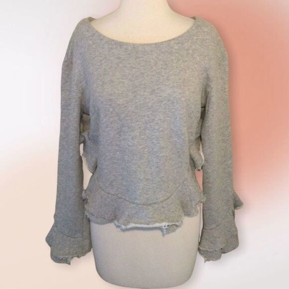Code x Mode by Nordstrom Gray Ruffle Cropped Distressed Sweatshirt Med NWOT - Picture 3 of 12
